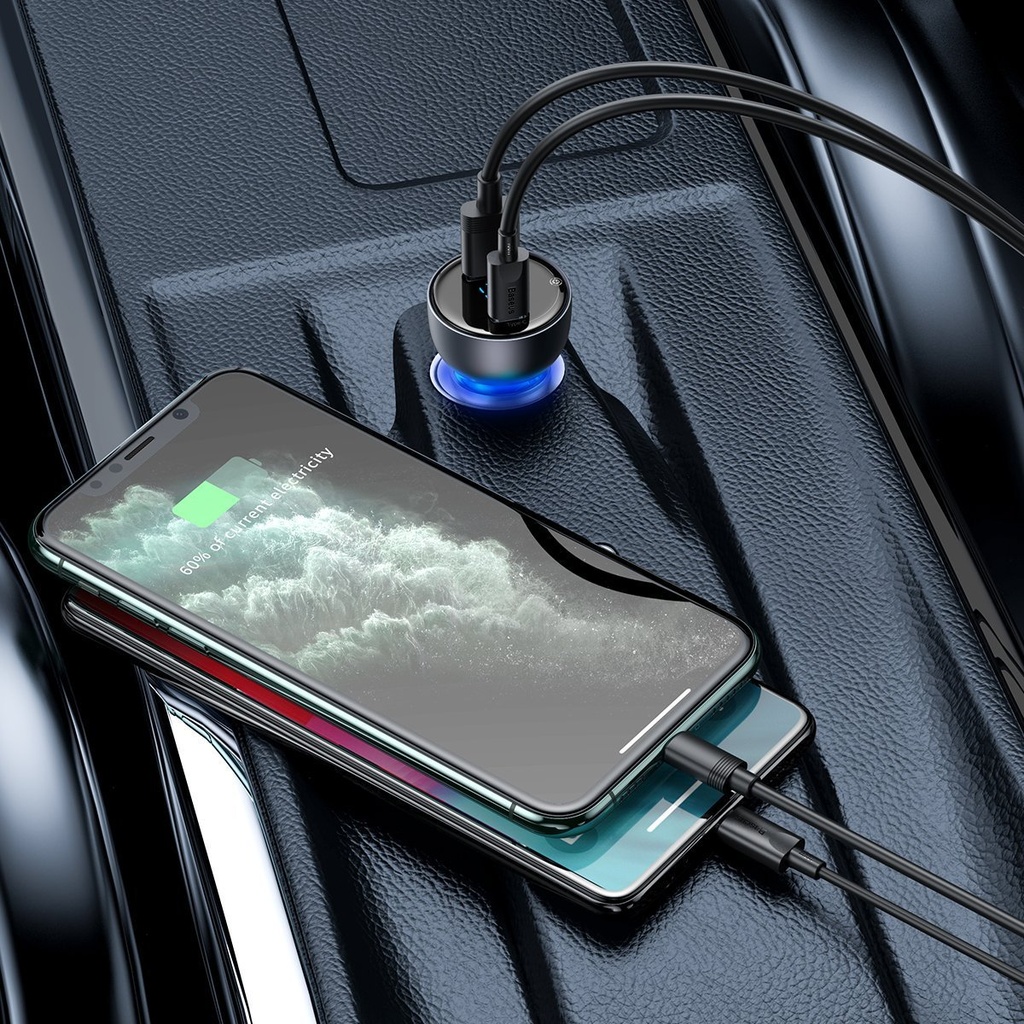 Punjač za automobil Baseus Poseban digitalni zaslon QC+PPS 65W s mini bijelim USB-C kabelom s čipom E-oznake 1m 100W (crni)