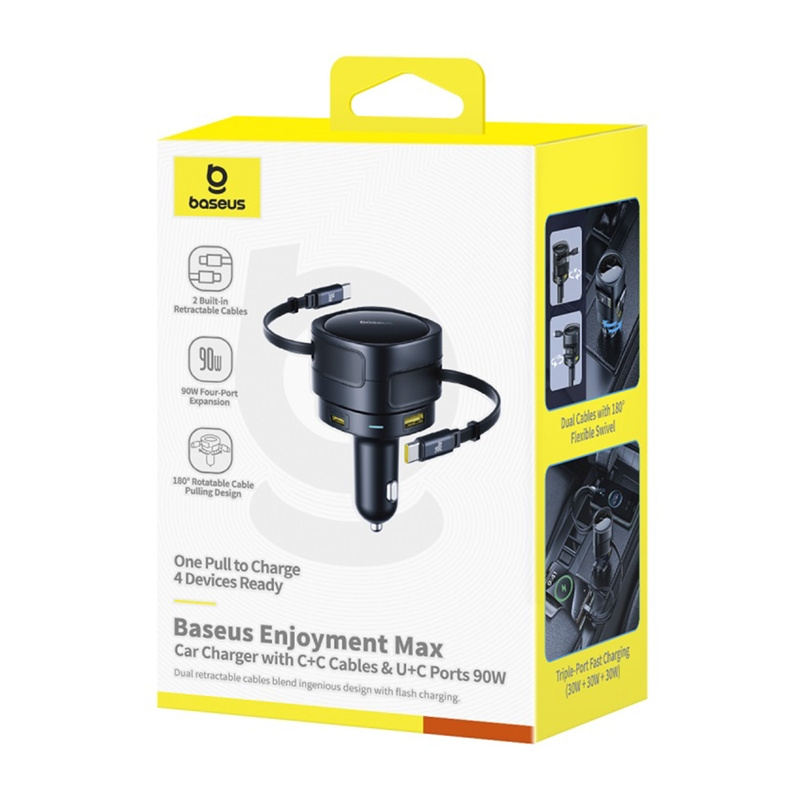 Baseus uživanje Max punjača automobila s USB-C+USB-C kablovima i USB-A+USB-C portovima 90W crni