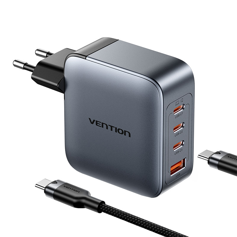 VENTION POWER CHARGER 3X USB-C, 1X USB-A, (100W/100W/30W/30W) (siva) s USB-C do USB-C kabela (1M) (crno)