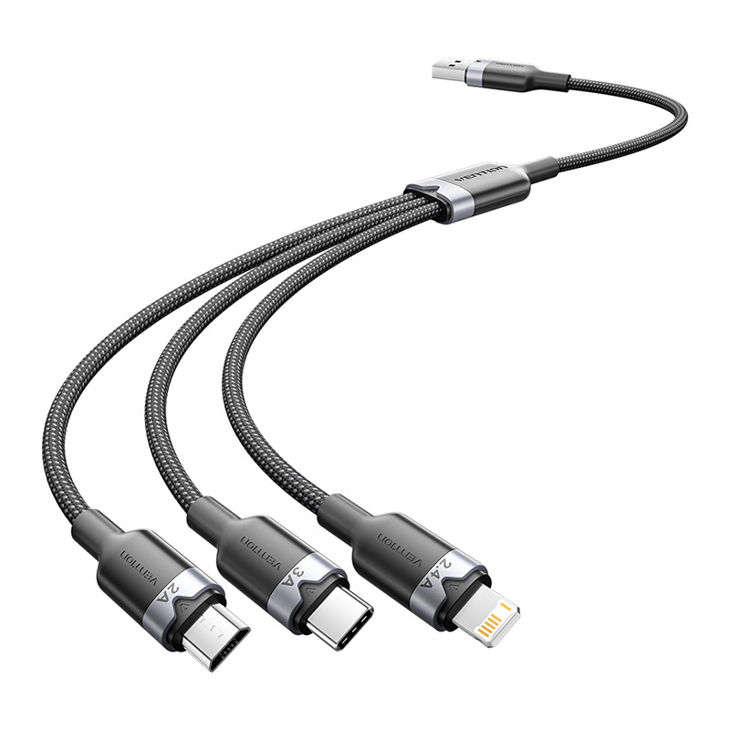 USB 2.0 Mužjak do 3-u-1 USB-C, munja i Micro-B muški kabelski kabel 3A CTPBG 1,5M