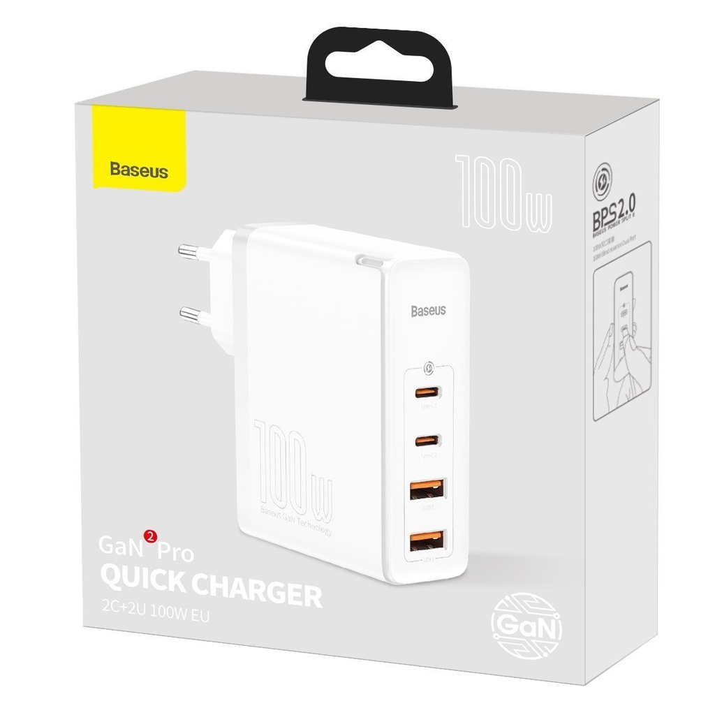 Putni punjač Baseus GaN2 Pro Quick 2x USB + 2x USB-C, 100W, EU (bijeli)