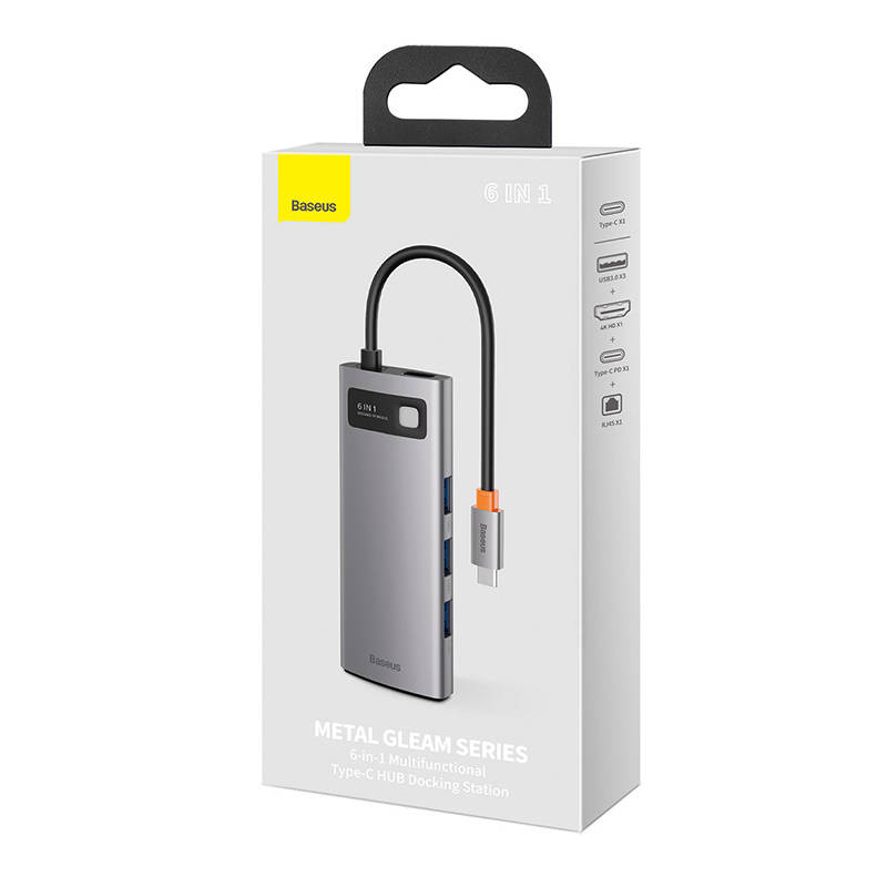 Hub 6in1 Baseus Metal Gleam Series, USB-C do 3x USB 3.0 + HDMI + USB-C PD + Ethernet RJ45