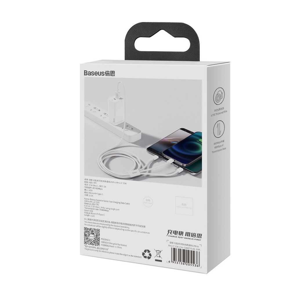 USB kabel 3u1 Baseus Superior Series, USB na mikro USB / USB-C / Lightning, 3.5A, 1.2m (bijeli)