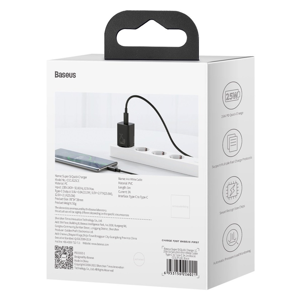 Baseus Super Si Quick Charger 1C 25W s USB-C kabelom za USB-C 1m (crni)