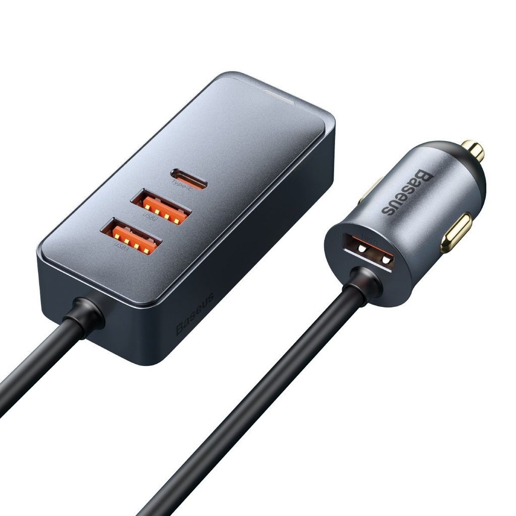 Auto punjač Baseus Share Together s produžnim kabelom, 3x USB, USB-C, 120W (siv)