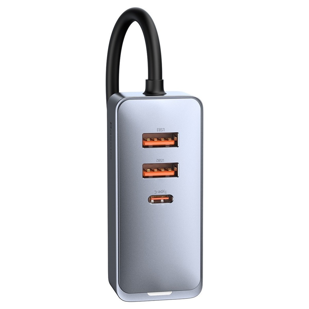 Auto punjač Baseus Share Together s produžnim kabelom, 3x USB, USB-C, 120W (siv)