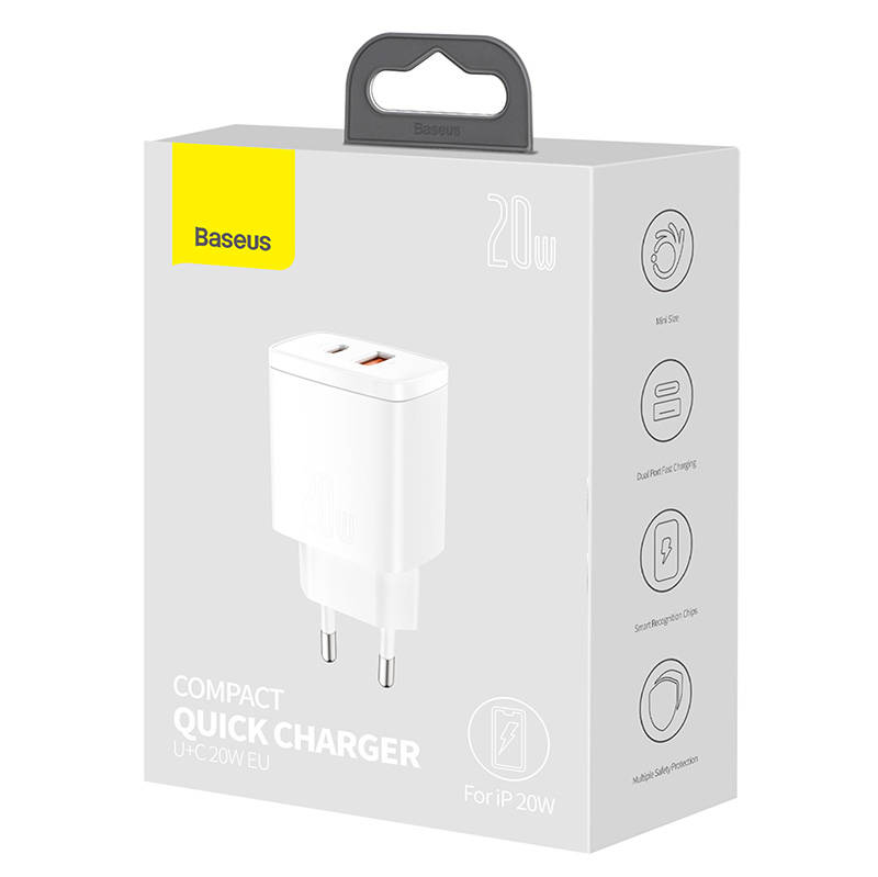 Baseus kompaktni brzi punjač, ​​USB, USB-C, 20W (bijeli)