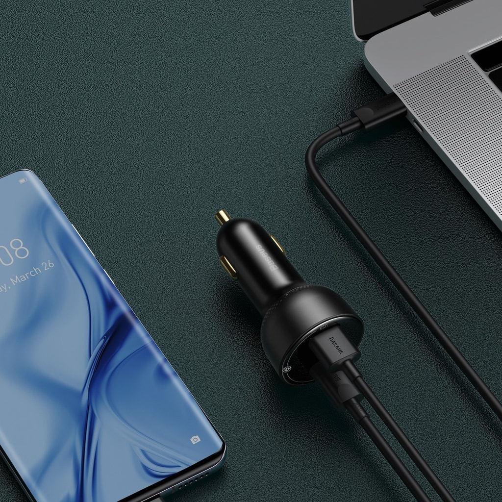 Auto punjač Baseus Superme, USB, USB-C, 100W + USB-C kabel (crni)