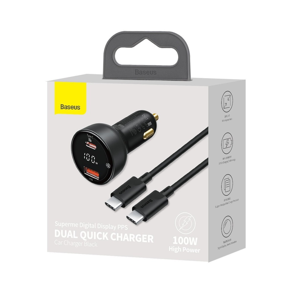 Auto punjač Baseus Superme, USB, USB-C, 100W + USB-C kabel (crni)