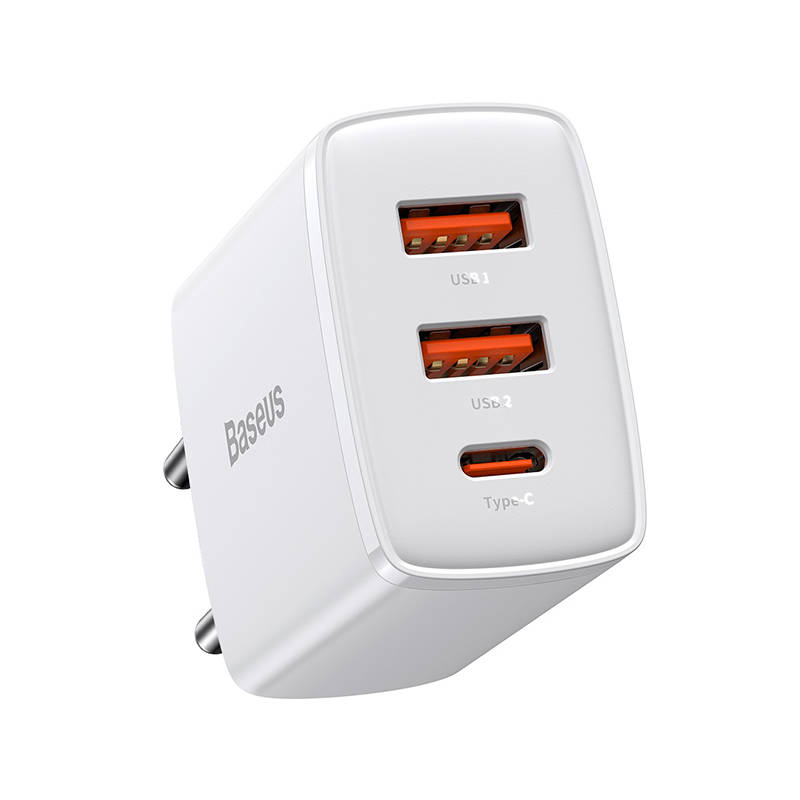 Baseus kompaktni brzi punjač, ​​2xUSB, USB-C, PD, 3A, 30W (bijeli)