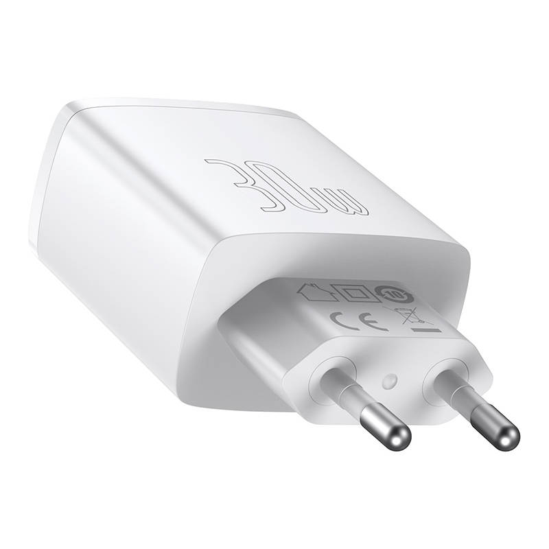 Baseus kompaktni brzi punjač, ​​2xUSB, USB-C, PD, 3A, 30W (bijeli)