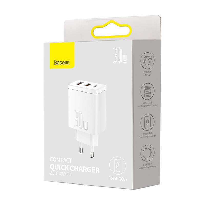 Baseus kompaktni brzi punjač, ​​2xUSB, USB-C, PD, 3A, 30W (bijeli)