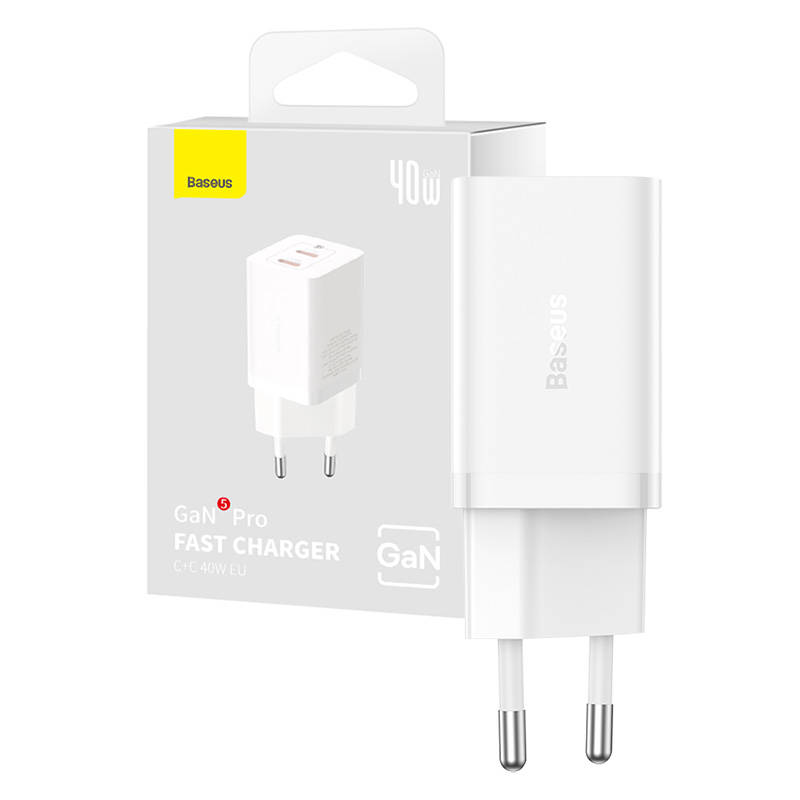 Zidni punjač Baseus GaN5 40W, 2x USB C (bijeli)