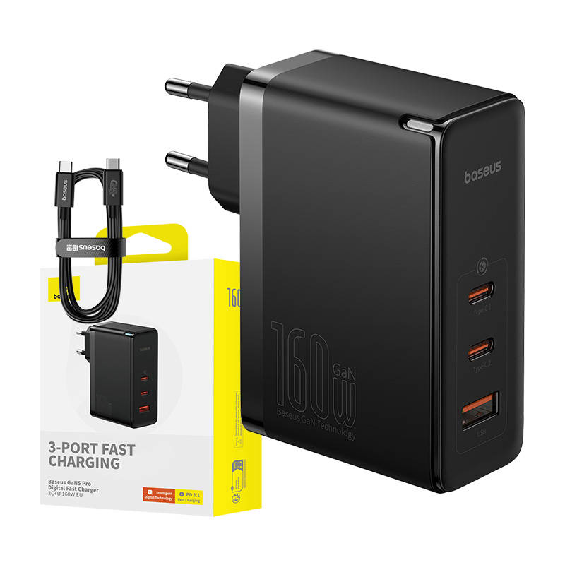 Zidni punjač Baseus GaN5 Pro 2xUSB-C + USB, 160W (crni)