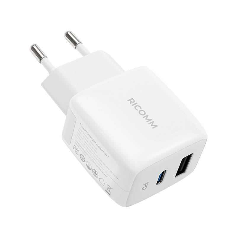 Zidni punjač 25W PD Ricomm RC252 EU, 1xUSB-A, 1xUSB-C + 2,1m USB-C kabel