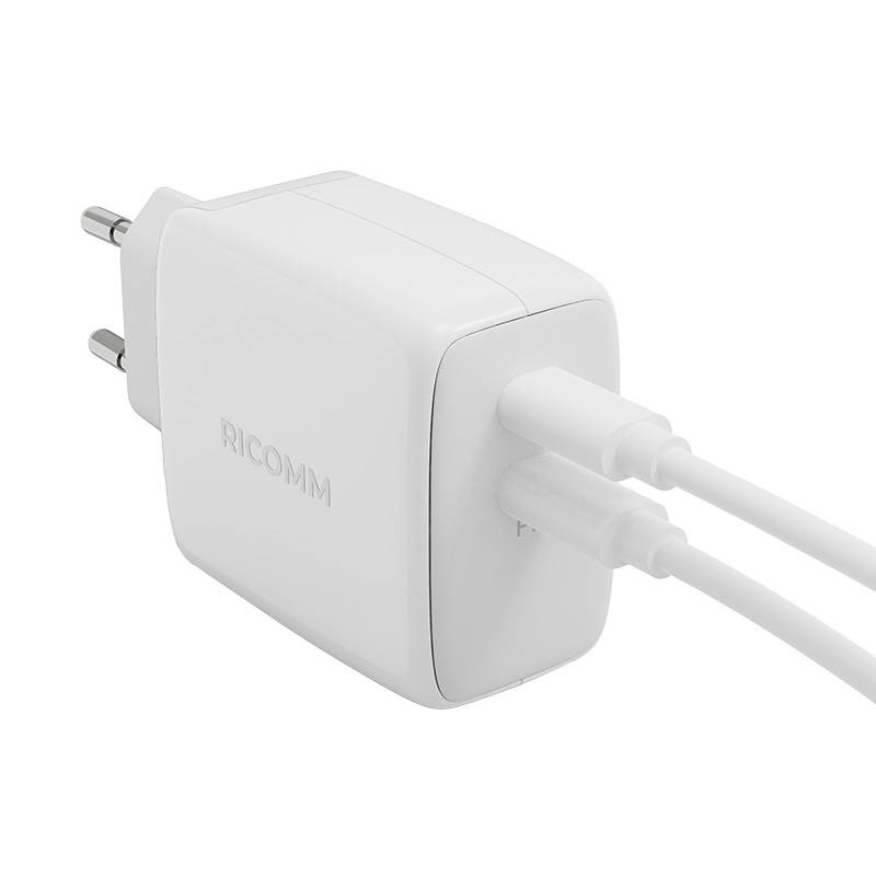 Zidni punjač 65W GaN Ricomm RC652 EU, 2xUSB-C + 2,1m USB-C kabel