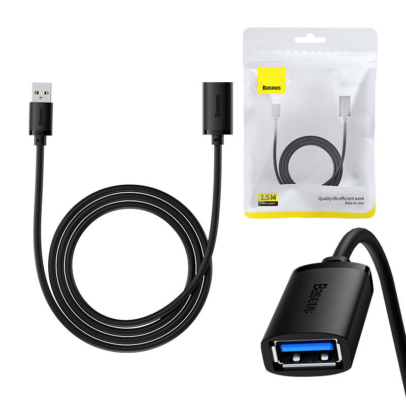 USB 3.0 produžni kabel Baseus muški na ženski, serija AirJoy, 1,5 m (crni) (paket od 5 komada)