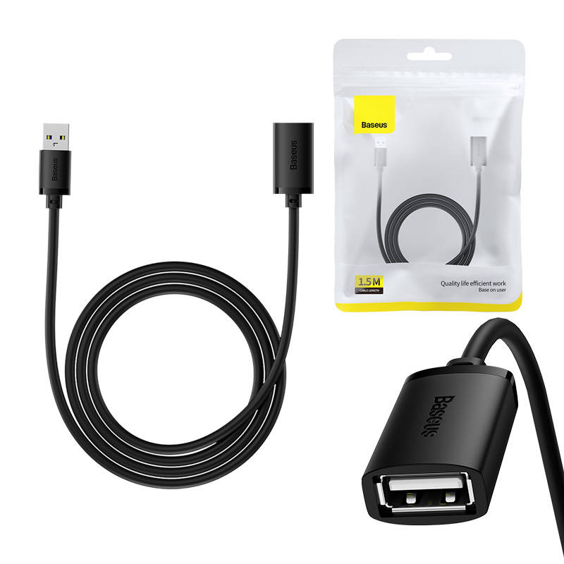 USB 2.0 produžni kabel Baseus muški na ženski, serija AirJoy, 1,5 m (crni) (paket od 5 komada)