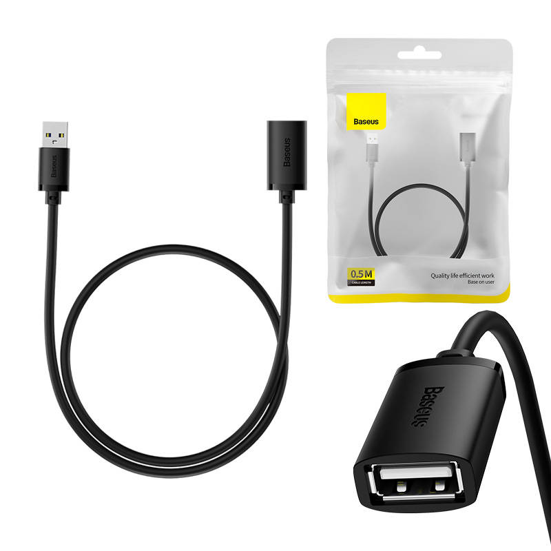 USB 2.0 produžni kabel Baseus muški na ženski, serija AirJoy, 0,5 m (crni) (paket od 5 komada)