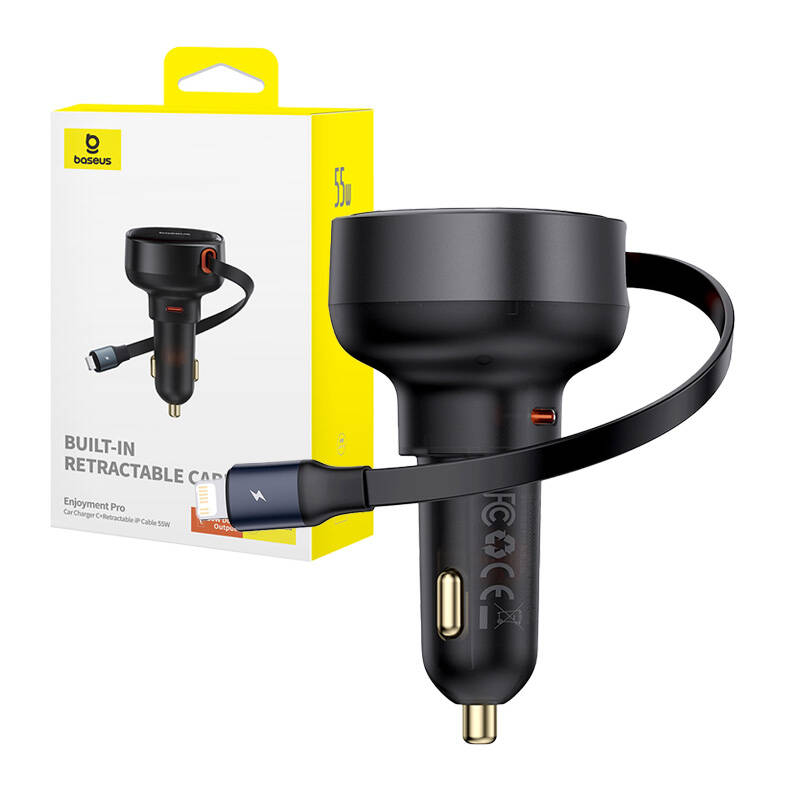 Auto punjač Baseus Enjoyment Pro s Lightning kabelom + USB-C, 55W (crni)