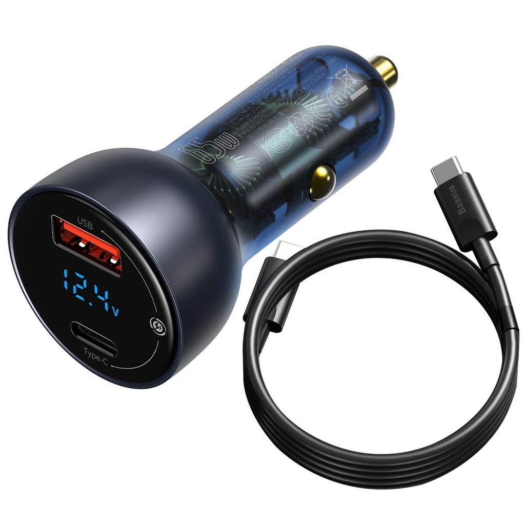 Punjač za automobil Baseus Poseban digitalni zaslon QC+PPS 65W s mini bijelim USB-C kabelom s čipom E-oznake 1m 100W (crni)