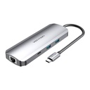 USB-C priključna stanica na HDMI, USB-C, 2x USB3.0, RJ45, SD, TF, TRRS 3,5 mm, PD 0,15 m Vention TOMHB (siva)