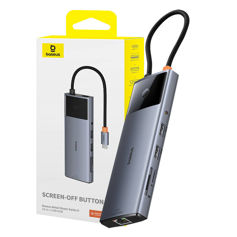 Hub 10u1 Baseus Metal Gleam II serija, USB-C do 1xHDMI, USB-A (10Gbps), USC-C, 2xUSB-A, Ethernet RJ45, SD/TF kartica, mini-jack 3,5 mm, USB-C(PD)