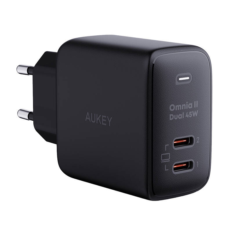 Zidni punjač Aukey PA-B4T, 2xUSB-C, 45W (crni)