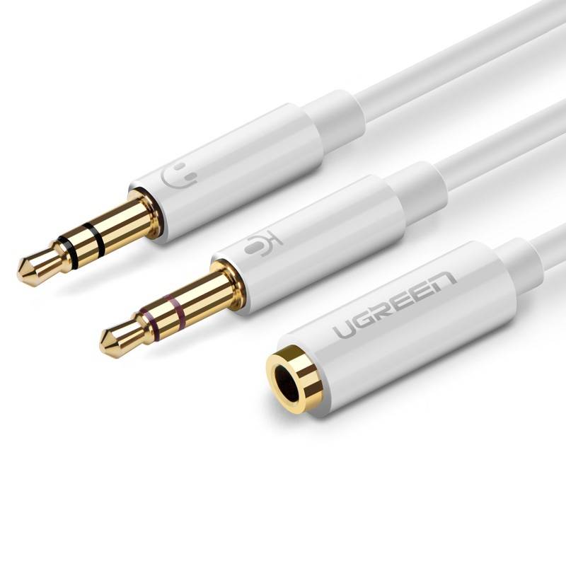 UGREEN AV140 AUX audio razdjelnik slušalica + mikrofon na 3,5 mm mini jack kabel, 28 cm, ABS (bijeli) (paket od 5 komada)