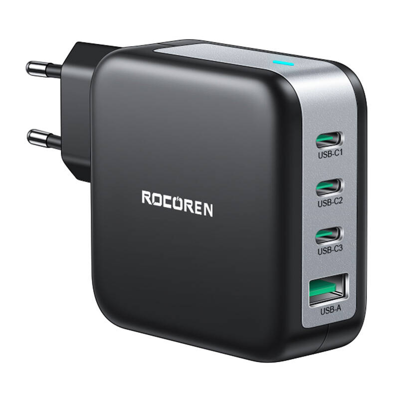 Zidni punjač GaN Rocoren 3x USB-C, 1x USB, Power Delivery 3.0, 100W (crni)