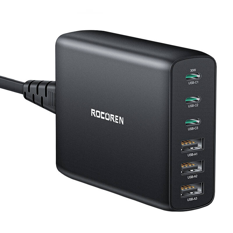 Zidni punjač GaN Rocoren 3x USB-C, 3x USB, 100W (crni)