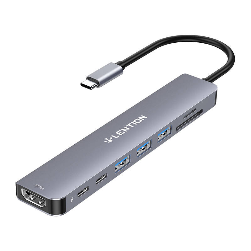 Lention 8in1 Hub USB-C na 3x USB 3.0 + SD/TF + PD + USB-C + HDMI 4K60Hz (sivo)