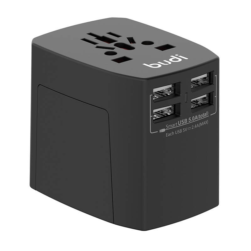 Univerzalni zidni punjač / AC adapter Budi 4x USB, 5A, EU/UK/AUS/US/JP (crni) (Outlet)