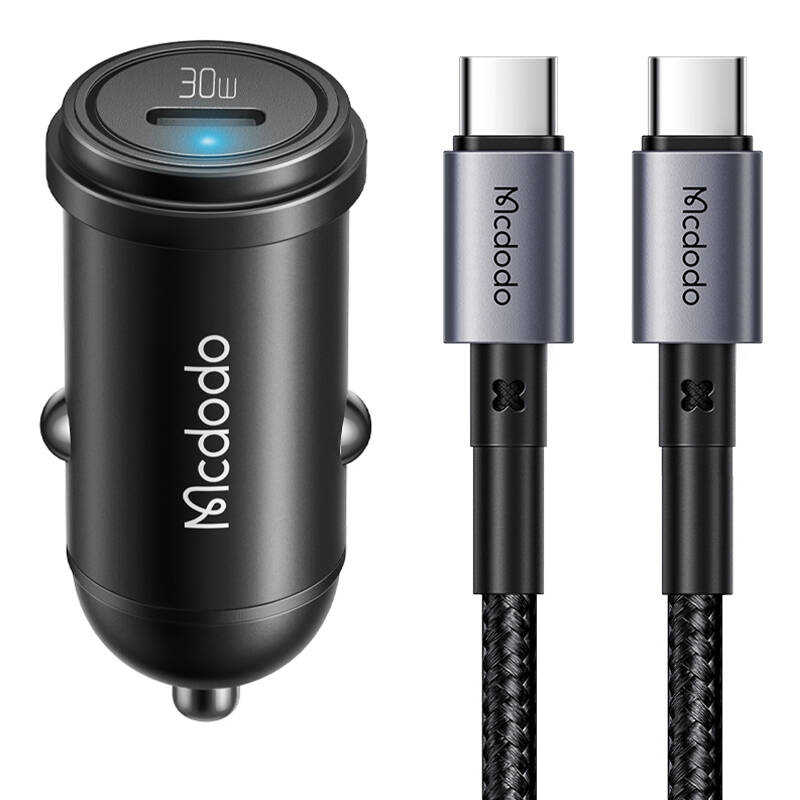 Auto punjač McDodo CC-7493 65W s mini bijelim USB-C kabelom s E-mark čipom 1m 100W (crni)