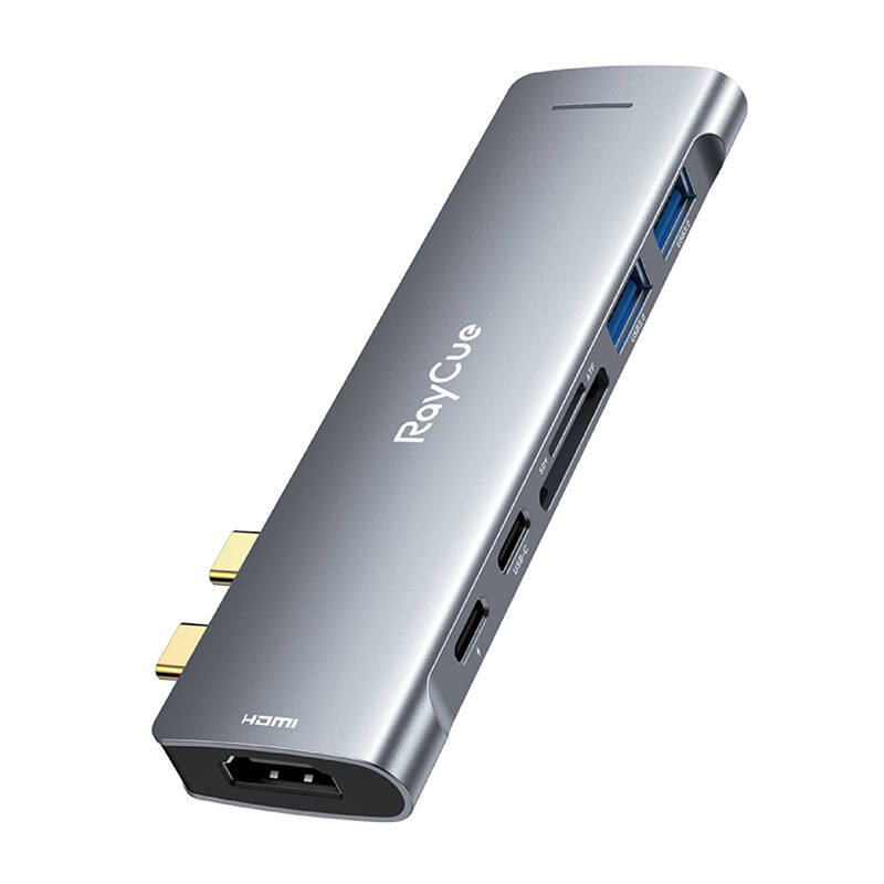 Hub 7w2 RayCue USB-C na 2x USB-A 3.0 5Gbps + SD/TF 3.0 + USB-C+ HDMI 4K30Hz (sivo)