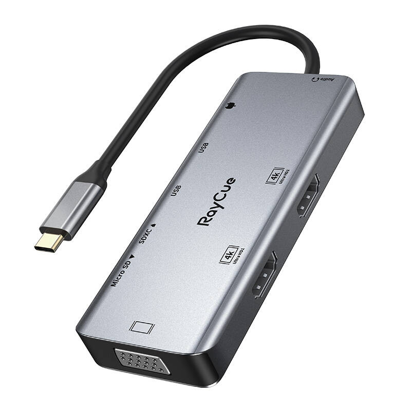 Hub 9in1 RayCue USB-C na 2x USB-A 3.0 5Gbps + 2x SD/TF 3.0 + 2x HDMI 4K30Hz + VGA 1080p + jack 3.5mm + PD 3.0 100W (sivo)