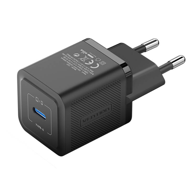 Zidni punjač, ​​Vention, FEPB0-EU, USB-C, 20W, GaN (crni)