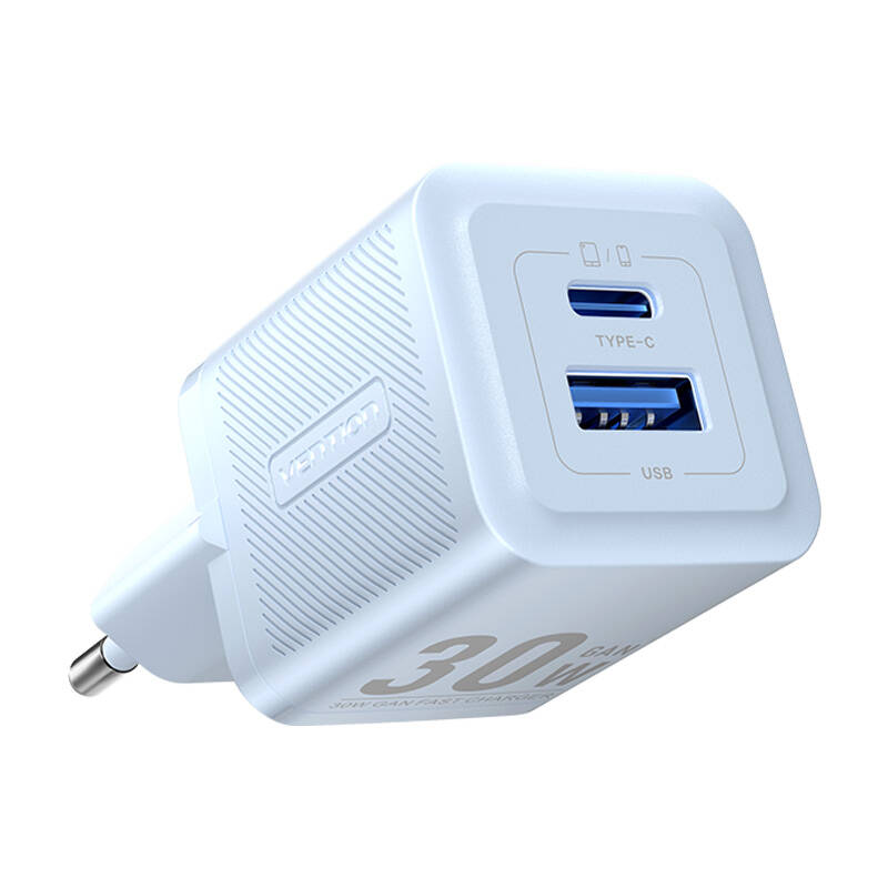 Zidni punjač, ​​Vention, FEQL0-EU, USB-C + USB-A, 30W/30W, GaN (plavi)