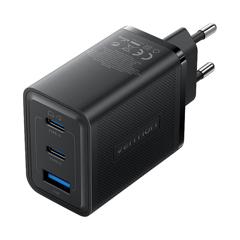 Zidni punjač, ​​Vention, FERB0-EU, 2xUSB-C, USB- A, 65W/65W/30W, GaN (crni)