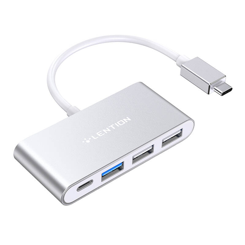 Lention 4in1 Hub USB-C na USB 3.0 + 2x USB 2.0 + USB-C (srebrni)