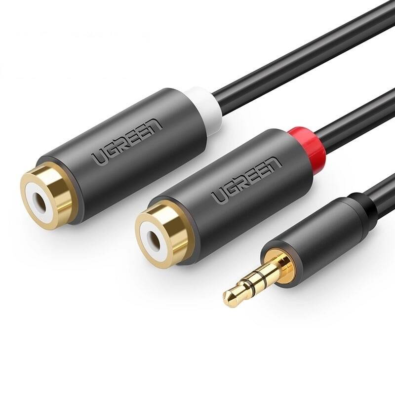 UGREEN AV109 muški 3,5 mm priključak na 2x ženski RCA (činč) kabel 0,25 m (crni) (paket od 5 komada)