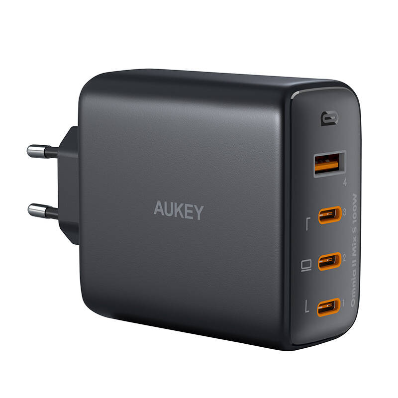 Zidni punjač Aukey PA-B7S, 1xUSB-A, 3xUSB-C, 100W GaN (crni)