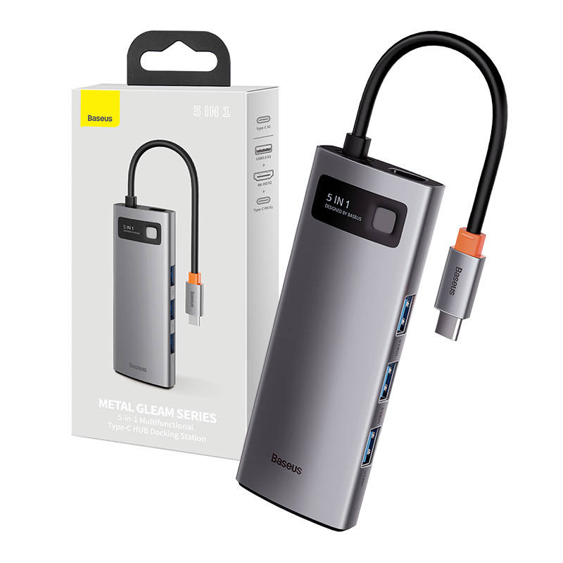 Hub 5u1 Baseus Metal Gleam Series, USB-C do 3x USB 3.0 + HDMI + USB-C PD