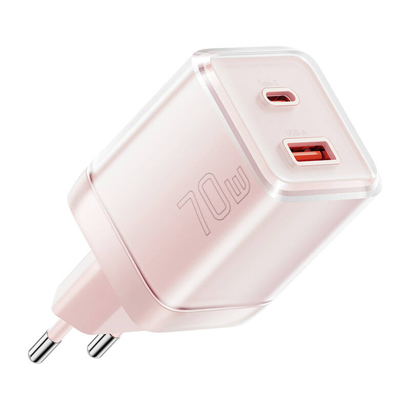 Zidni punjač Yueqi 70W GaN USB-C + USB-A (ružičasti)