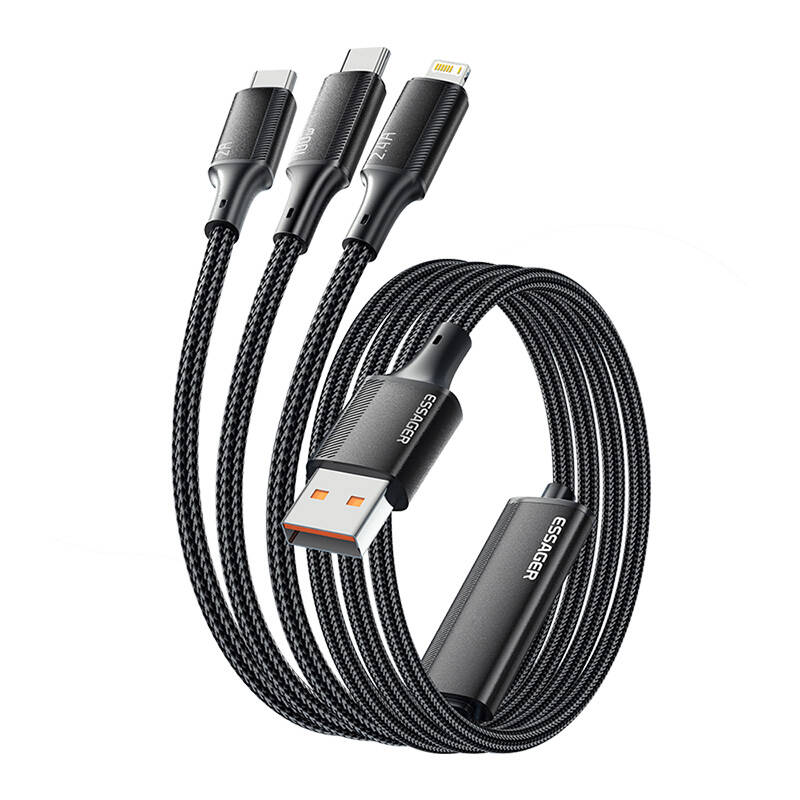 USB-A 3u1 kabel, Essager, EXCMTL-JJ01-P, USB-C/Lightning/Micro, 100 W, 1,2 m (crni)