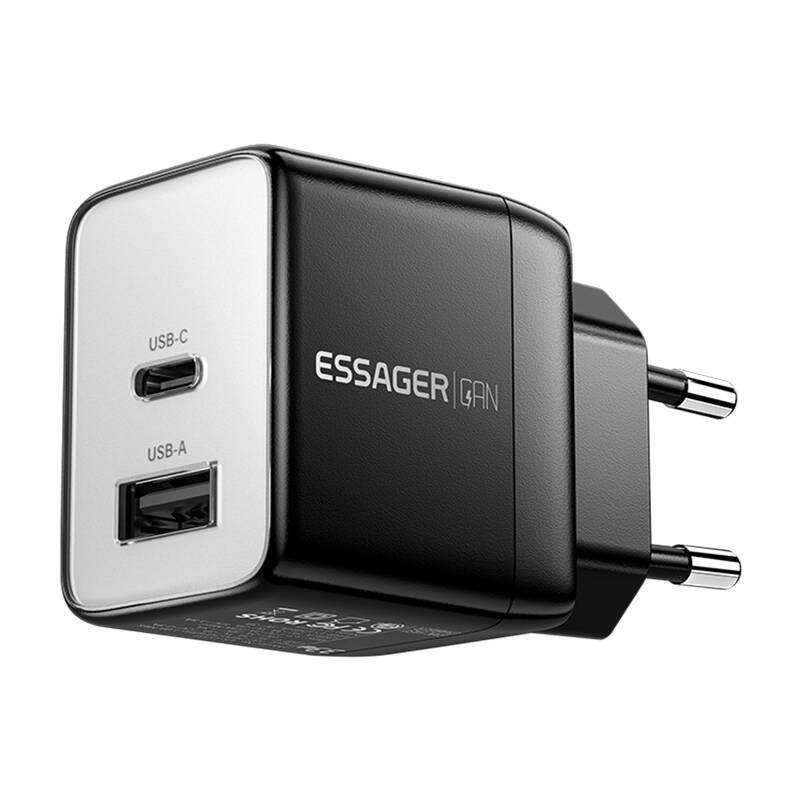 Zidni punjač, ​​Essager, ECT33W-LJB01-Z, GaN, 1xUSB-A, 1xUSB-C, 33W (crni)