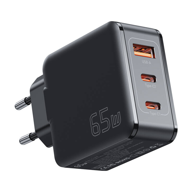 Zidni punjač, ​​Essager, ECT2CA-JZB01-Z, GaN, USB-A, 2xUSB-C, 65W (crni)