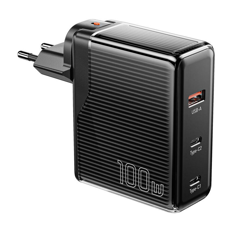 Zidni punjač, ​​Essager, ECT2CA-ZXB01-Z, GaN, USB-A, USB-C 100W (crni)