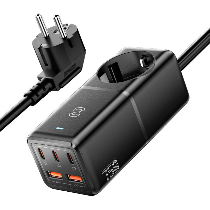 Zidni punjač, ​​Essager, ECTAC-BRB01-Z, GaN, 3xUSB-C, 2xUSB-A, Gniazdko AC, 75W (crni)