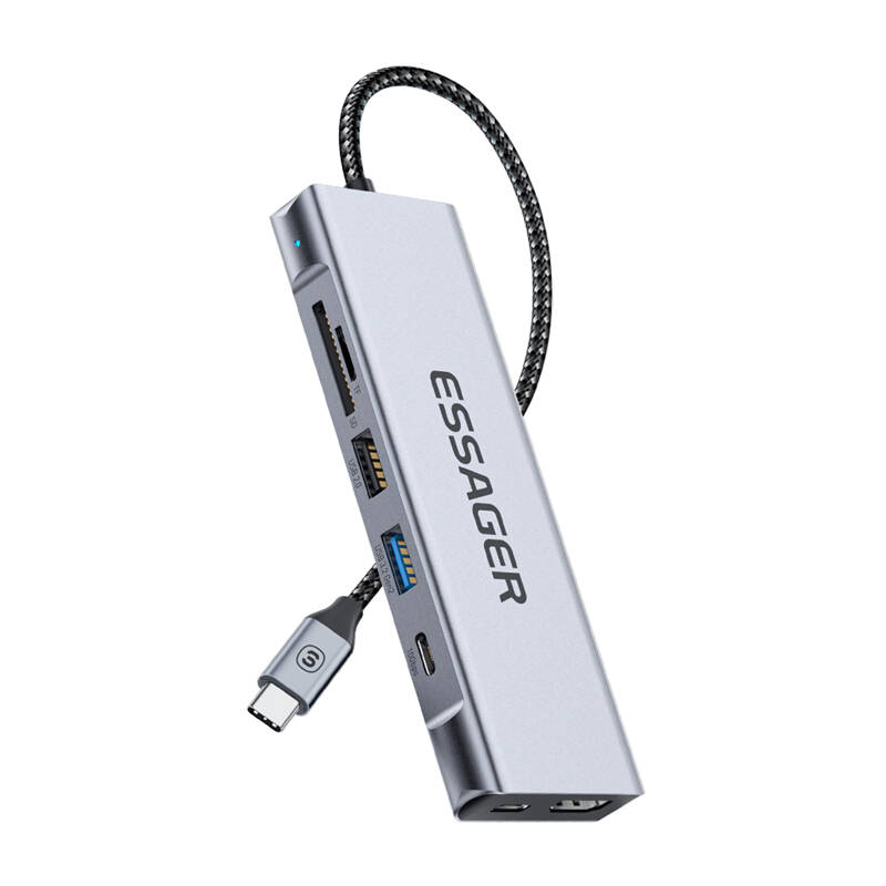 Priključna stanica, Essager, EHB08-QK0G-Z, HDMI, 2xUSB-A, SD kartica, TF kartica (siva)